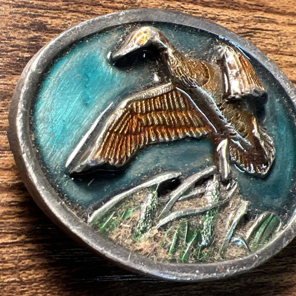 Vintage 1984 Bergamot Brass Works Flying Duck Green Enamel Belt Buckle D143 USA